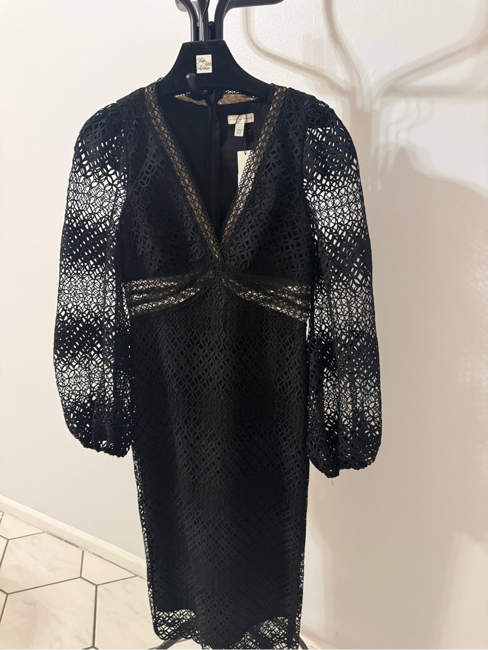 Monique Lhuillier Black Lace V-Neck Midi Dress with Sheer Long Sleeves